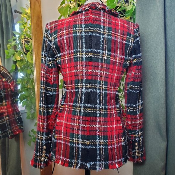 ZARA | RARE Plaid Tweed Red Checkered Frayed Hem Collared Blazer (Size XS) - Picture 3 of 15